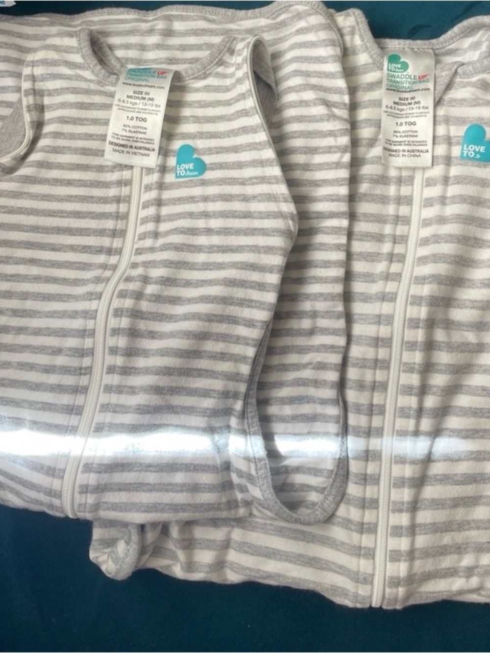 Love to dream Gray and White Striped Zip Swaddle Sleep Sacks